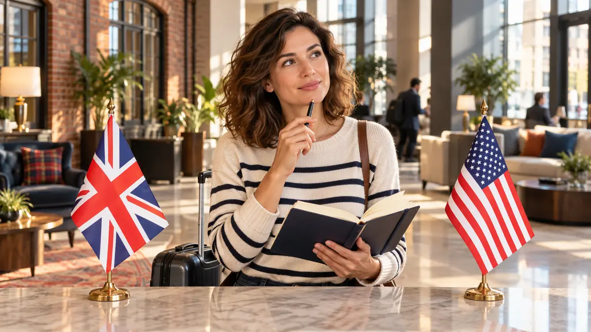 Une apprenante avec une valise étudie entre un drapeau britannique et un drapeau américain.