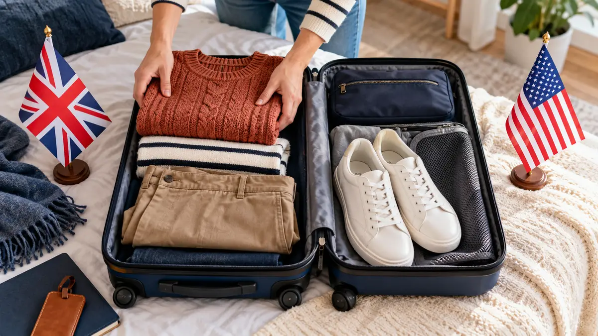 Une valise avec pantalon, pull et baskets est encadrée par un drapeau britannique et un drapeau américain.
