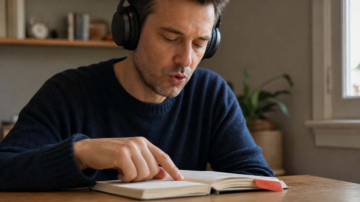 Un adulte répète une phrase au casque en retrouvant son repère dans un carnet