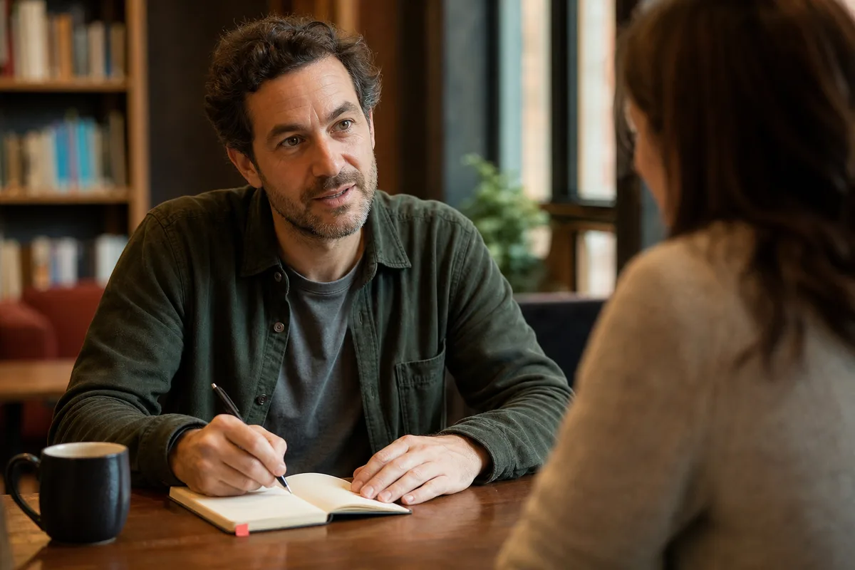 Un adulte note un court repère tout en poursuivant une conversation