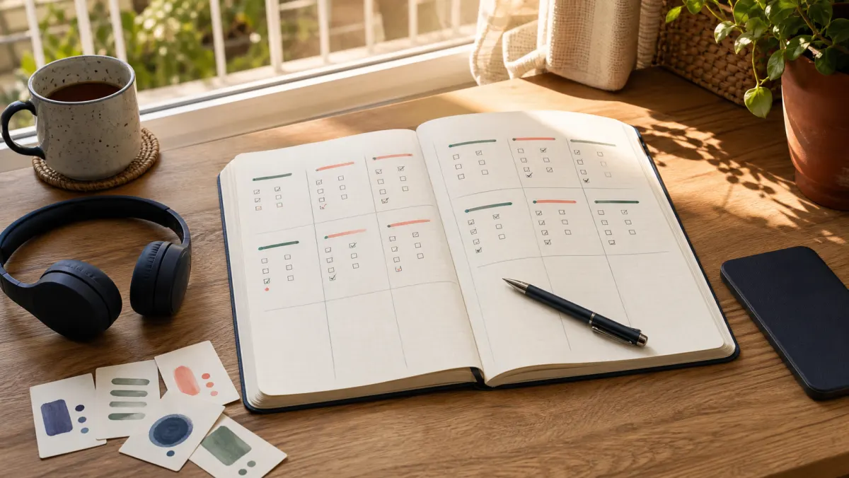 Carnet de vacances ouvert avec écouteurs, crayon et cartes de vocabulaire pour suivre un programme d'anglais adulte