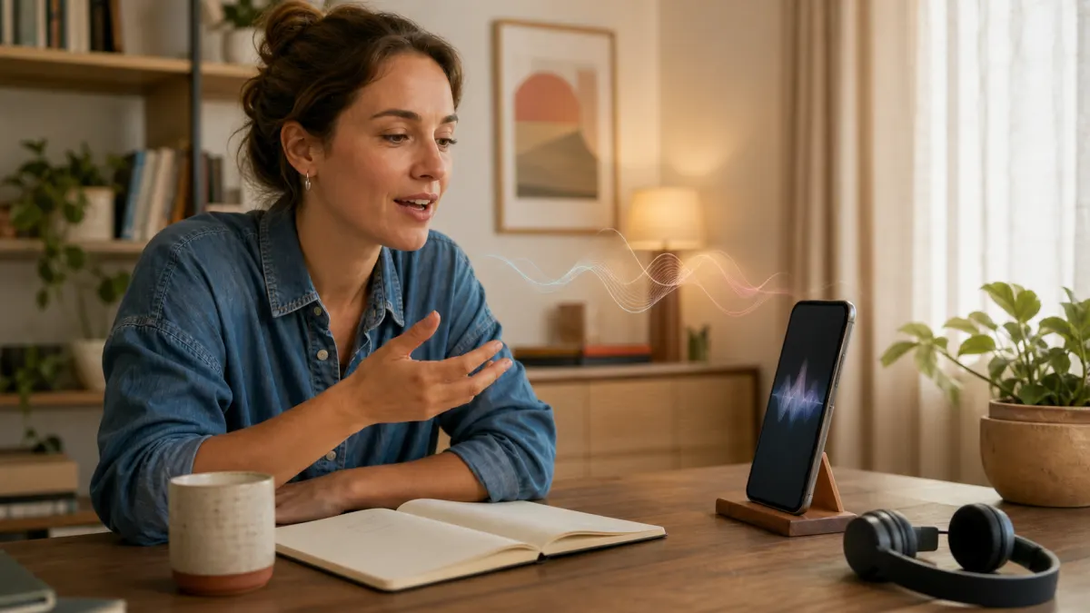 Adulte pratiquant une conversation en anglais avec un assistant vocal sur smartphone