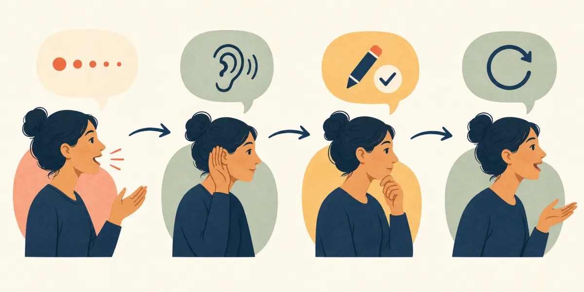 Workflow en quatre étapes pour pratiquer l'anglais oral : parler, écouter, corriger puis répéter
