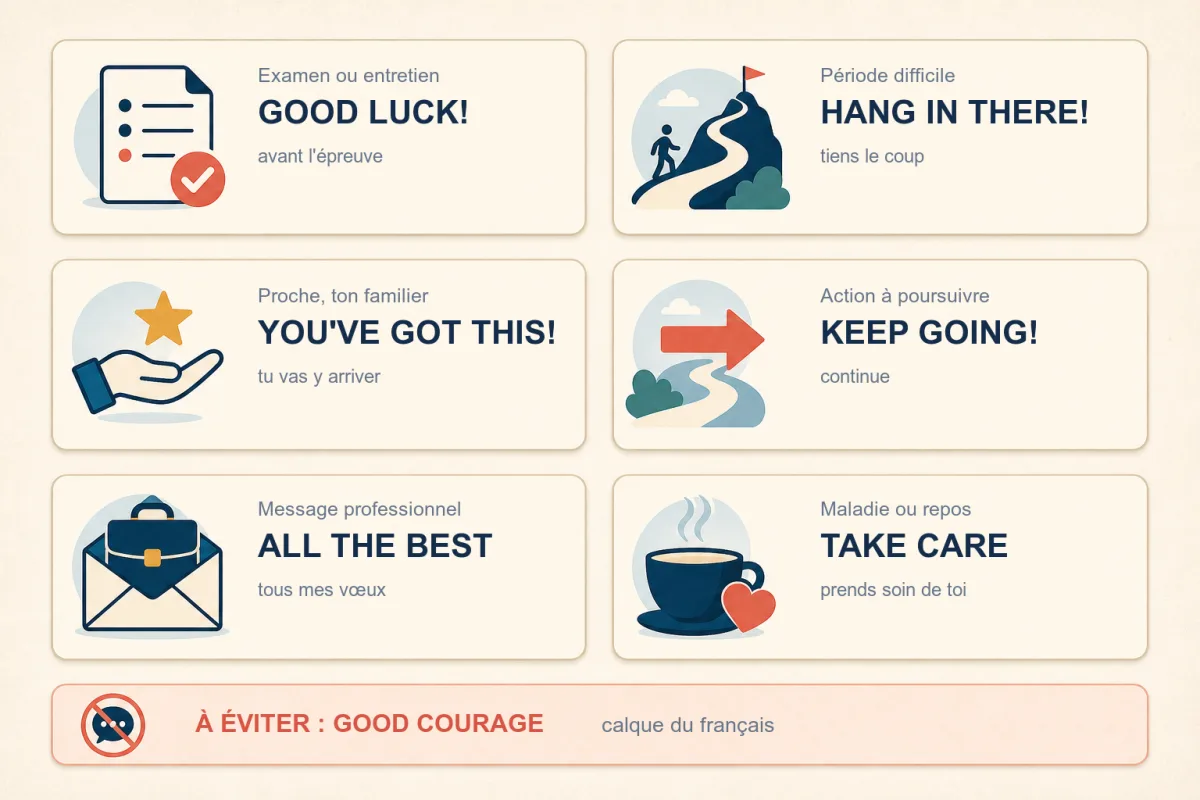 Six formules pour dire bon courage en anglais selon le contexte : good luck, hang in there, you've got this, keep going, all the best et take care