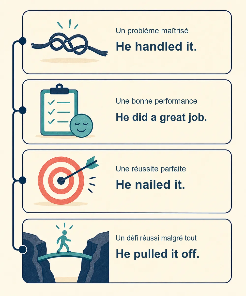 Arbre de choix : He handled it pour un problème maîtrisé, He did a great job pour une bonne performance, He nailed it pour une réussite parfaite et He pulled it off pour un défi difficile