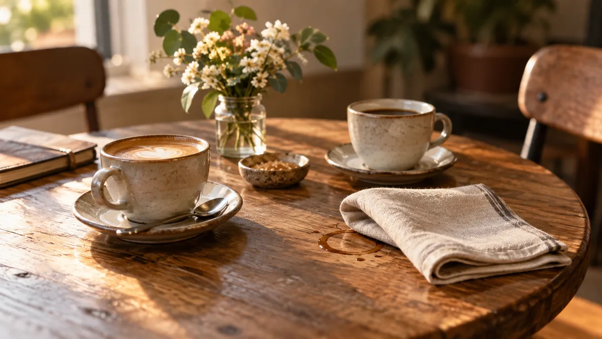 Deux tasses de café et une serviette pliée près d'une petite éclaboussure, image d'un contretemps sans gravité