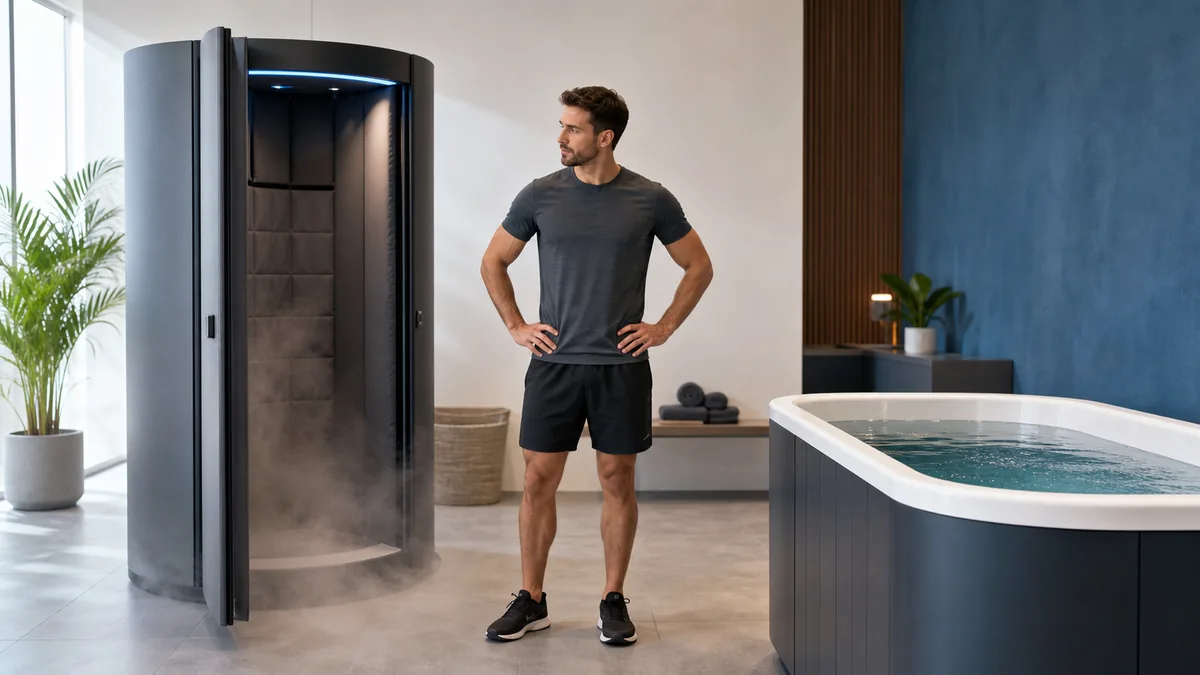 Adulte choisissant entre une chambre de cryothérapie sèche et un bassin d’immersion dans l’eau froide
