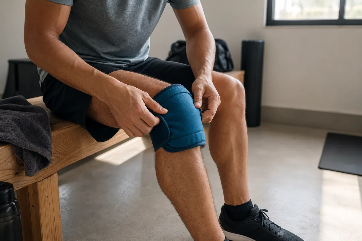 Un adulte ajuste une poche froide autour d’un seul genou après le sport