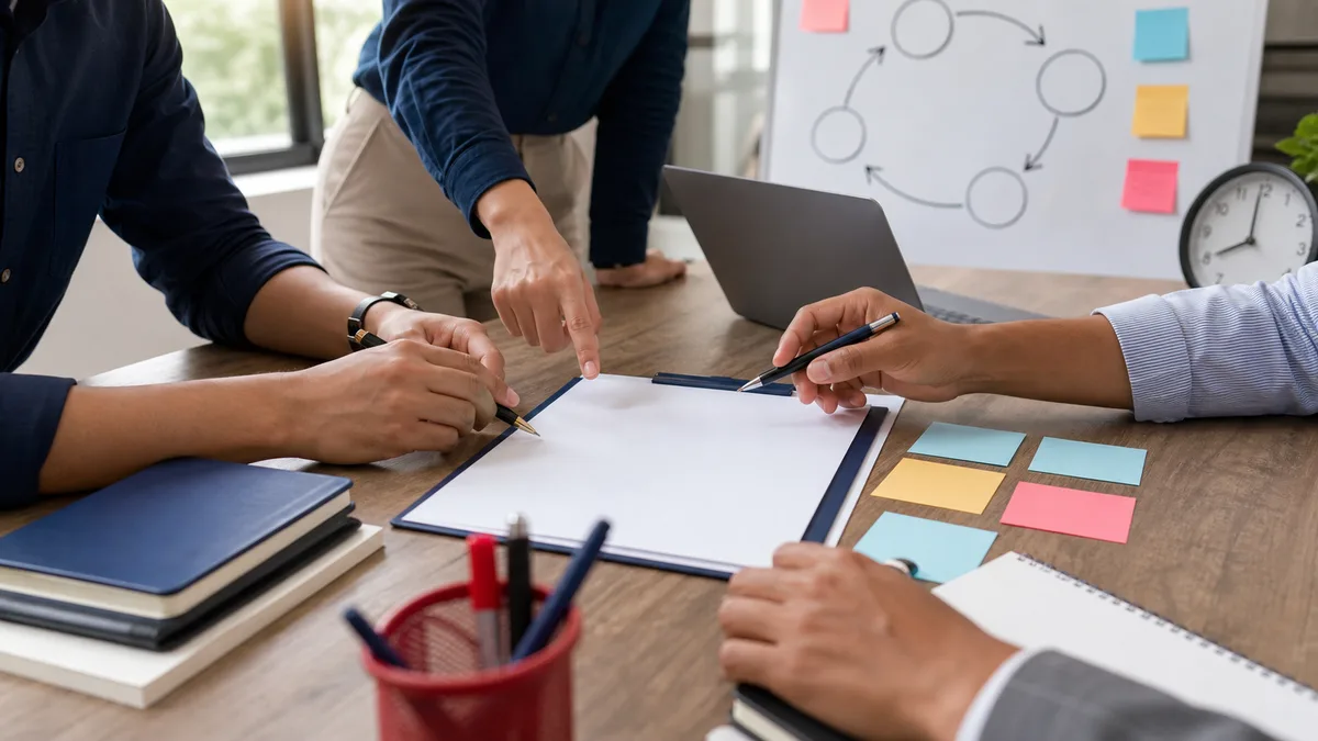 Réunion internationale avec agenda, tableau blanc et expressions de travail en anglais