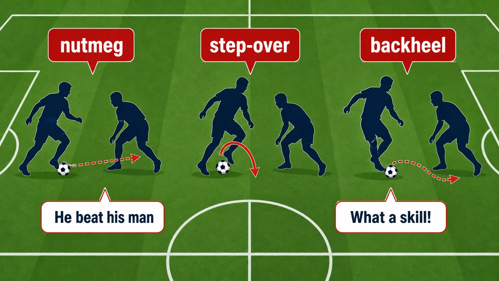 Exemples de gestes techniques en anglais sur un terrain de football : nutmeg, step-over et backheel