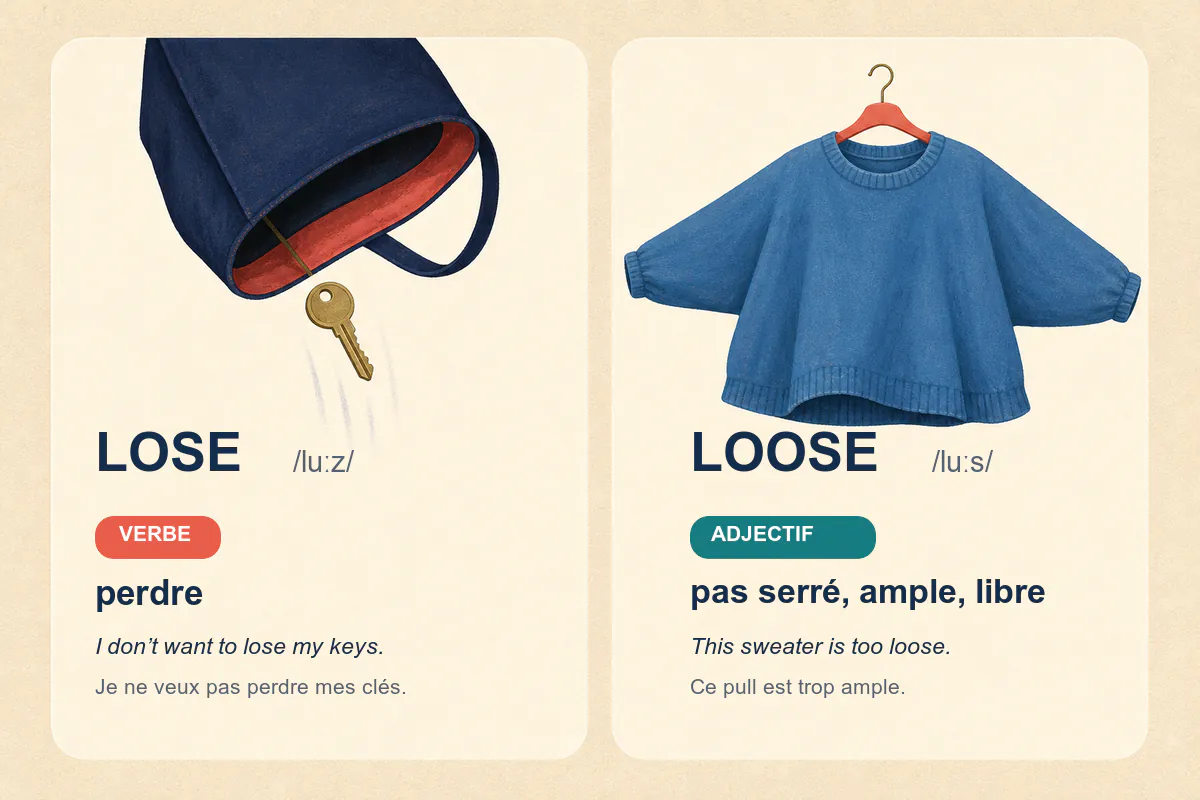 Comparaison entre lose, le verbe perdre prononcé /luːz/, et loose, l'adjectif ample prononcé /luːs/