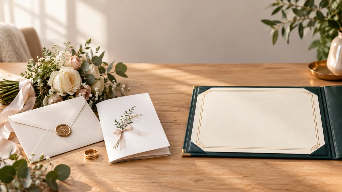 Invitation, alliance, bouquet et dossier officiel pour distinguer wedding, la cérémonie, de marriage, l'union