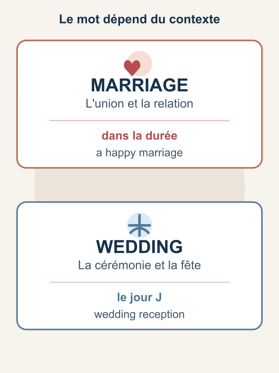 Carte comparative : marriage correspond à l'union et à la relation dans le temps ; wedding correspond à la cérémonie et aux célébrations du jour J