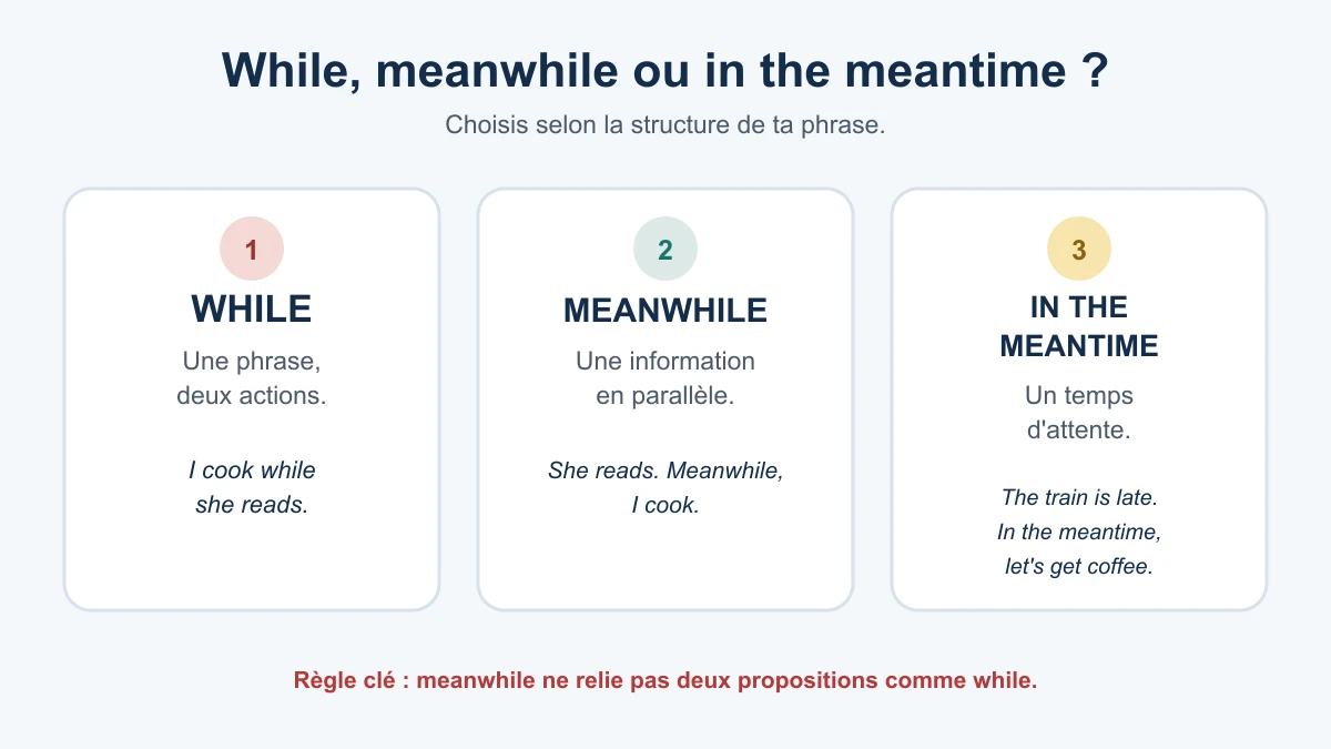 Schéma montrant while dans une phrase, meanwhile entre deux phrases et in the meantime pendant une attente