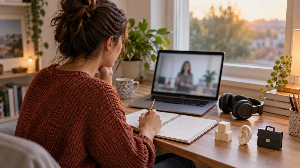 Adulte qui choisit une leçon d’anglais vidéo à son bureau avec un carnet et un casque