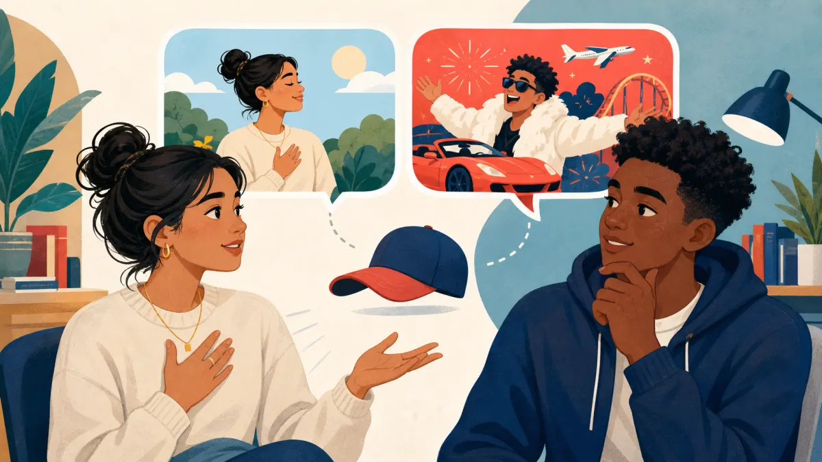 Deux jeunes discutent avec une casquette symbolisant la différence entre sincérité et exagération dans l'expression no cap