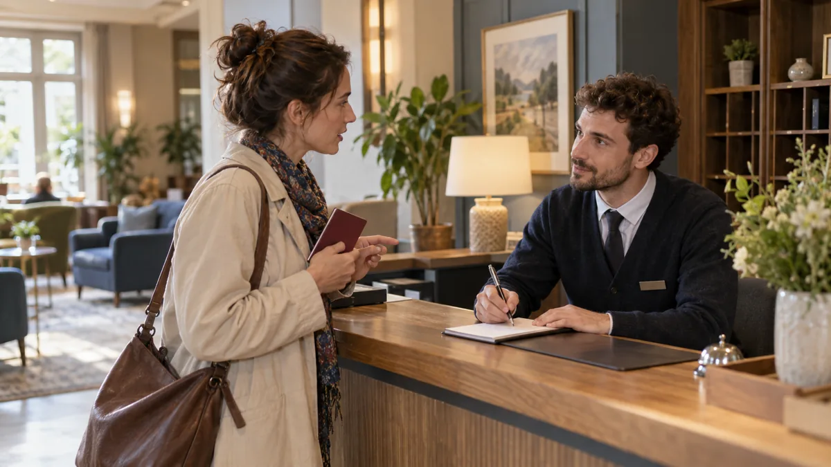 Une voyageuse donne son nom à un réceptionniste qui le note pour vérifier son orthographe.