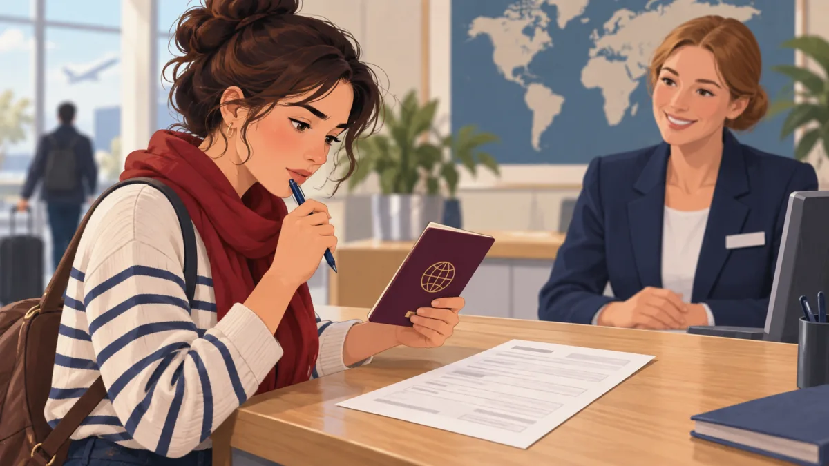 Voyageuse remplissant un formulaire en anglais avec son passeport devant elle