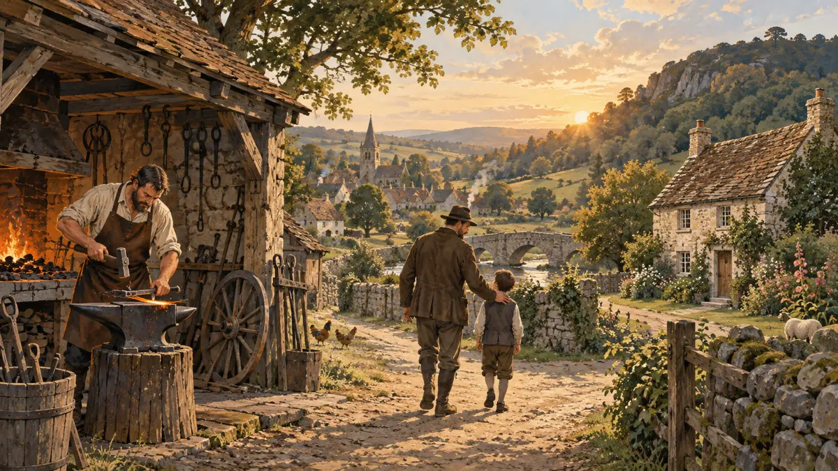 Illustration d'un forgeron, d'un parent avec son enfant et d'une maison près d'une colline pour évoquer trois origines possibles d'un nom de famille.