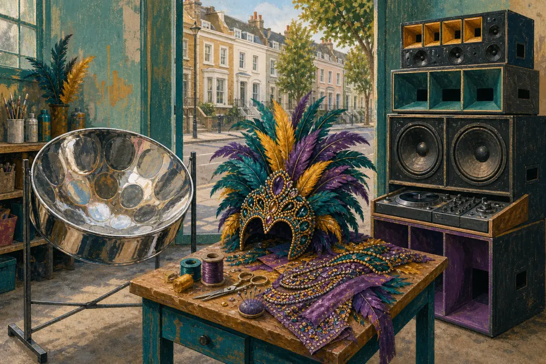 Un steelpan, un costume de mas en fabrication et un sound system dans un atelier