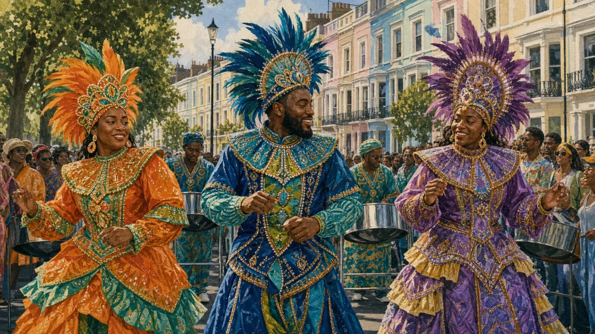 Trois carnavaliers en costumes orange, bleu et violet défilent dans une rue de Notting Hill