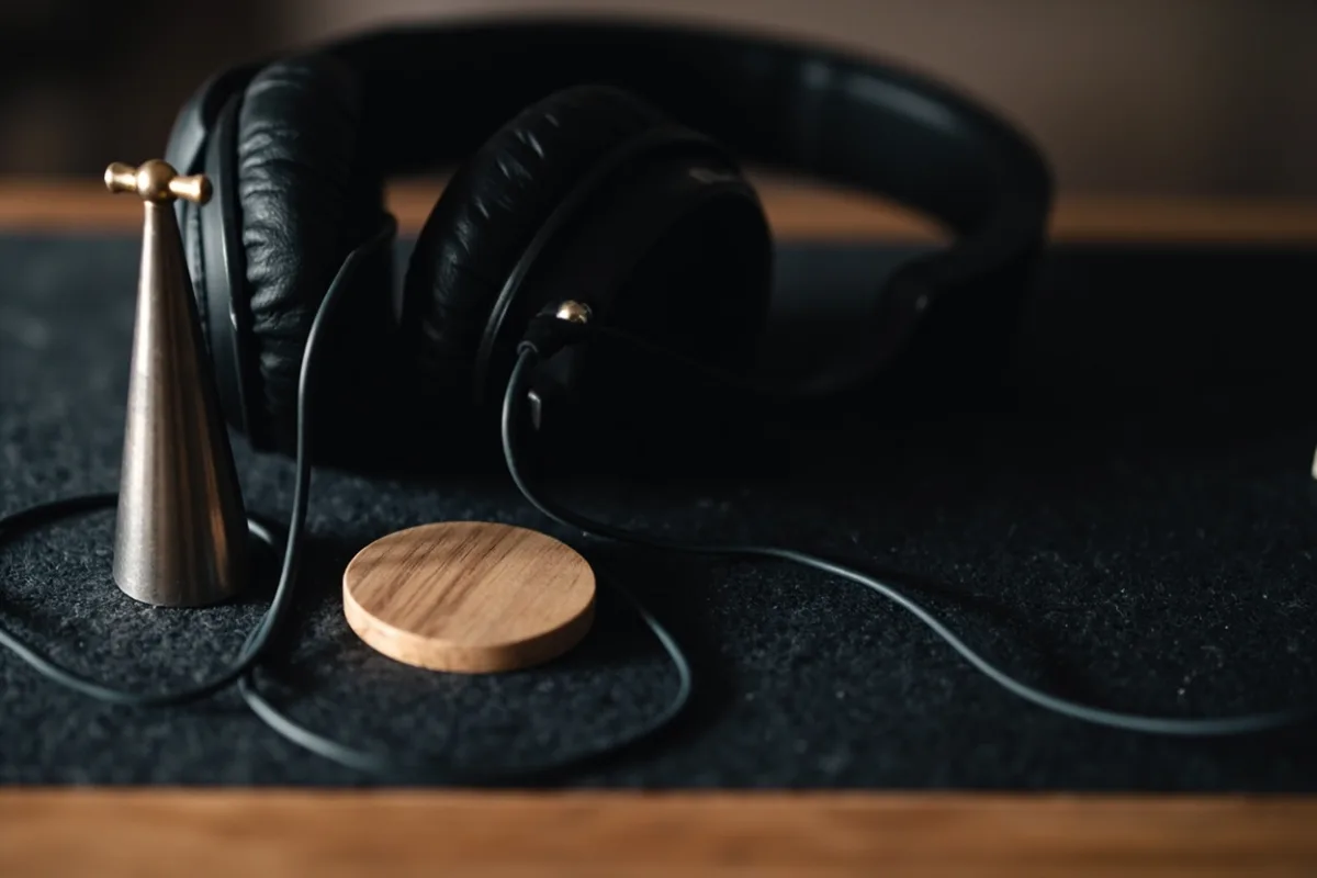 Casque audio et repère de bois pour représenter l’écoute attentive d’une expression anglaise avant de la répéter
