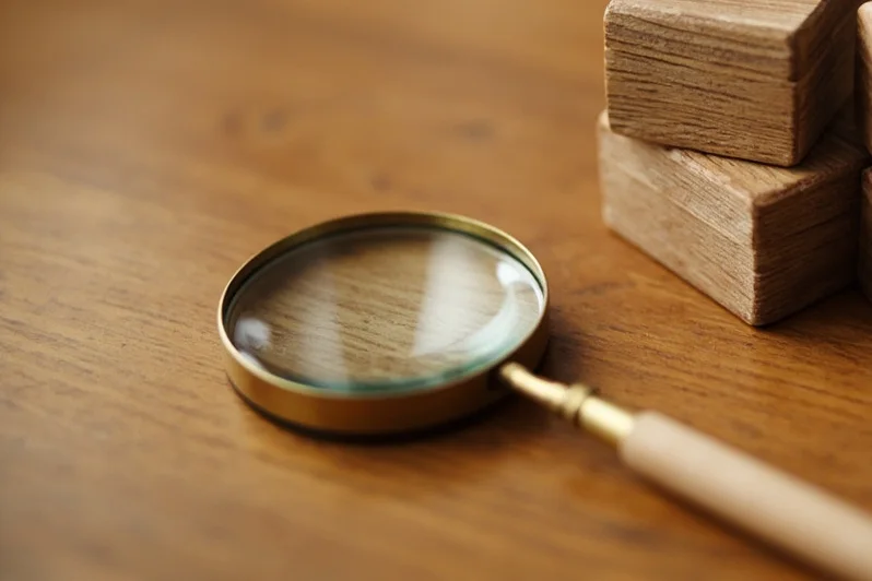 Loupe posée près de blocs de bois pour rappeler qu’un exercice utile demande de regarder une erreur de près