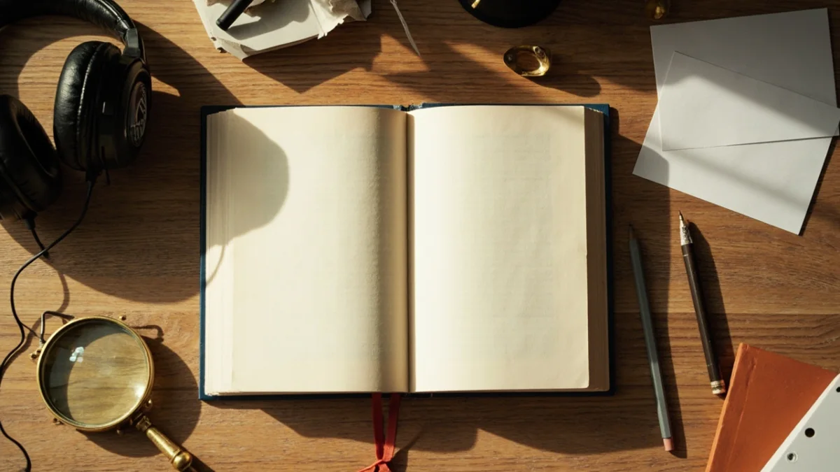 Carnet ouvert, casque, loupe, crayon et fiches vierges pour une courte séance avec des outils interactifs d’anglais