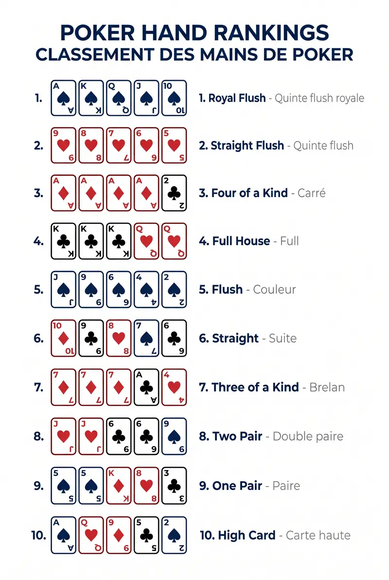 Classement des mains de poker en anglais et français — poker hand rankings