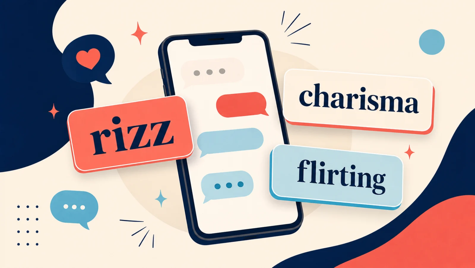 Téléphone et bulles de discussion illustrant les mots rizz, charisma et flirting
