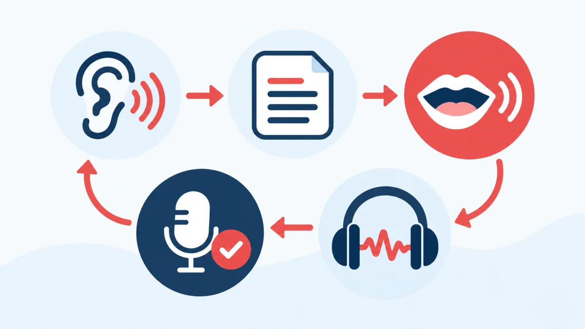 Boucle du shadowing en cinq repères visuels : écouter, consulter le texte, répéter, suivre l'audio, puis s'enregistrer.