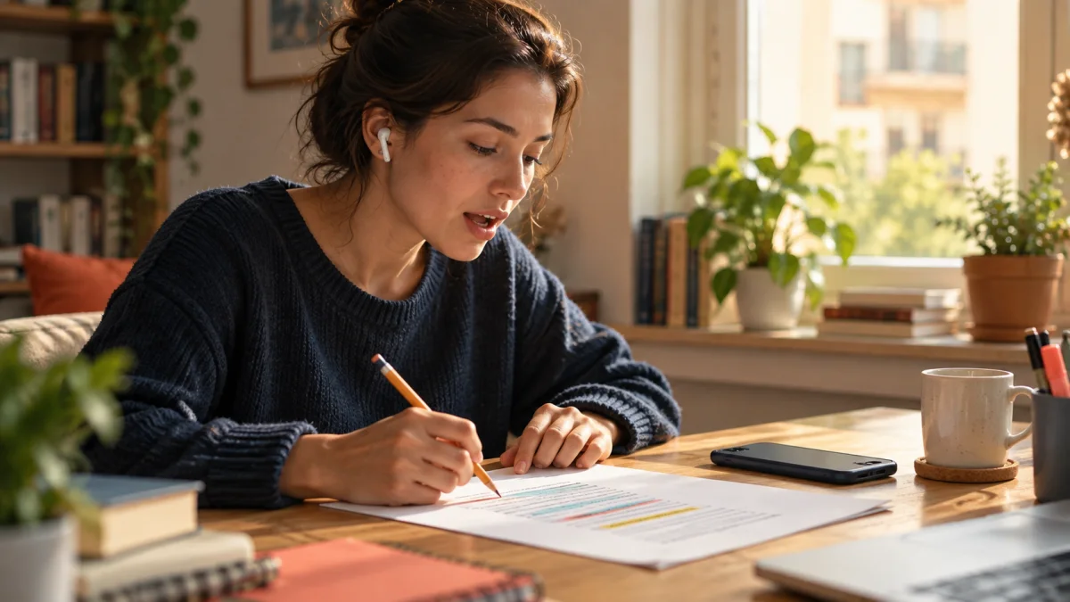 Apprenante adulte avec un écouteur qui découpe un court transcript en groupes de mots avant de le répéter.