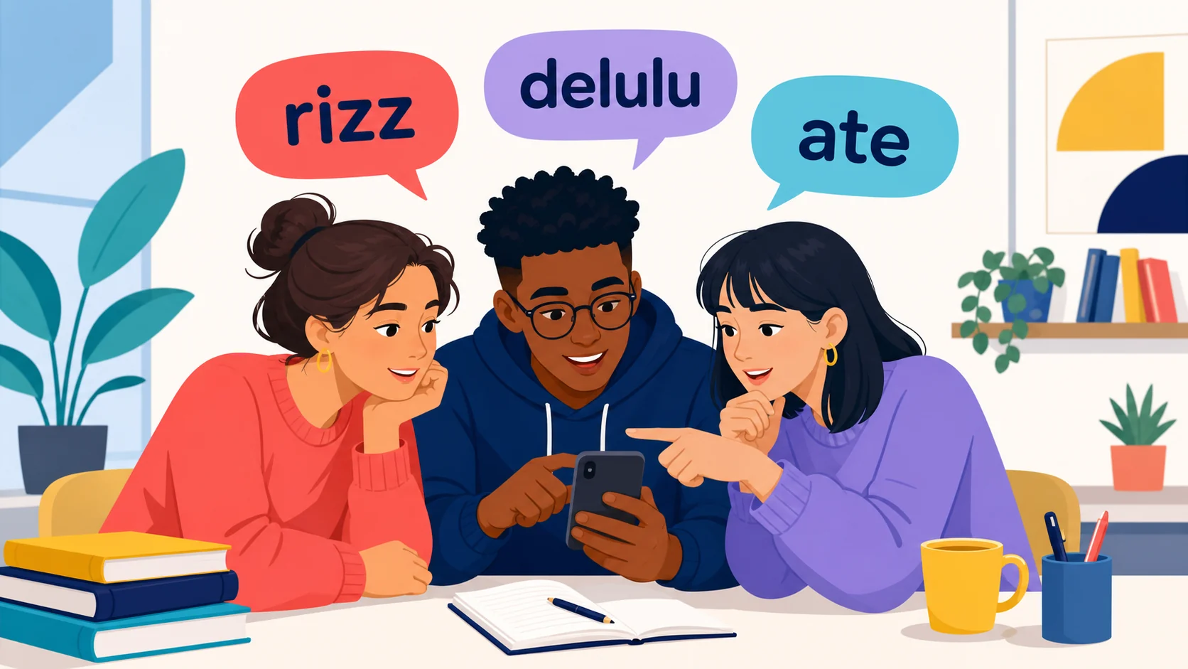 Des étudiants français décodent les mots rizz, delulu et ate sur un téléphone