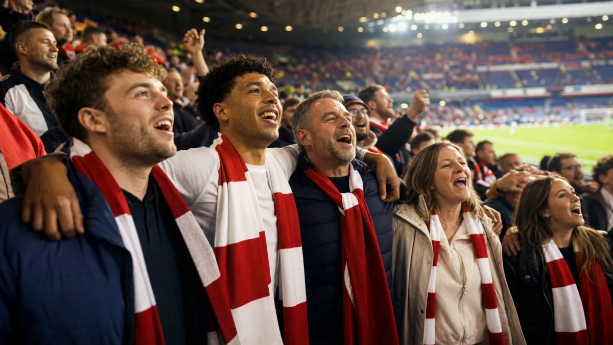 Supporters anglais chantant ensemble dans un stade après un match