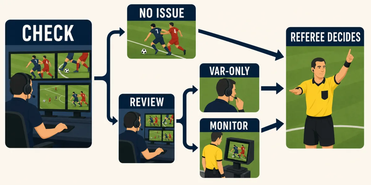 Schéma VAR : un check sans problème ou une review, traitée à distance ou au moniteur, avant la décision finale de l'arbitre