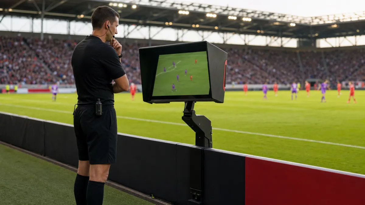 Arbitre consultant l'écran de contrôle VAR au bord du terrain