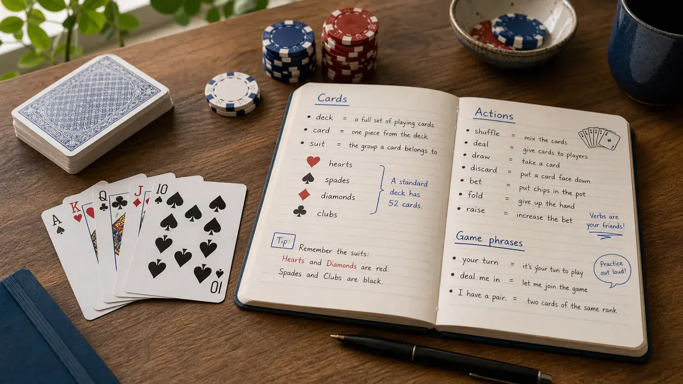 Cahier de vocabulaire anglais avec les mots cards, suits, hearts, spades, diamonds, clubs, bet, fold et raise